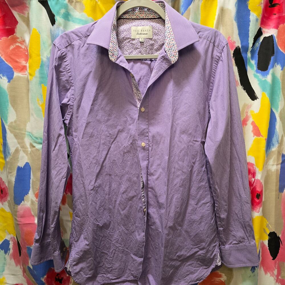Ted Baker Endurance purple white gingham button-up flip cuff shirt 15 32/33